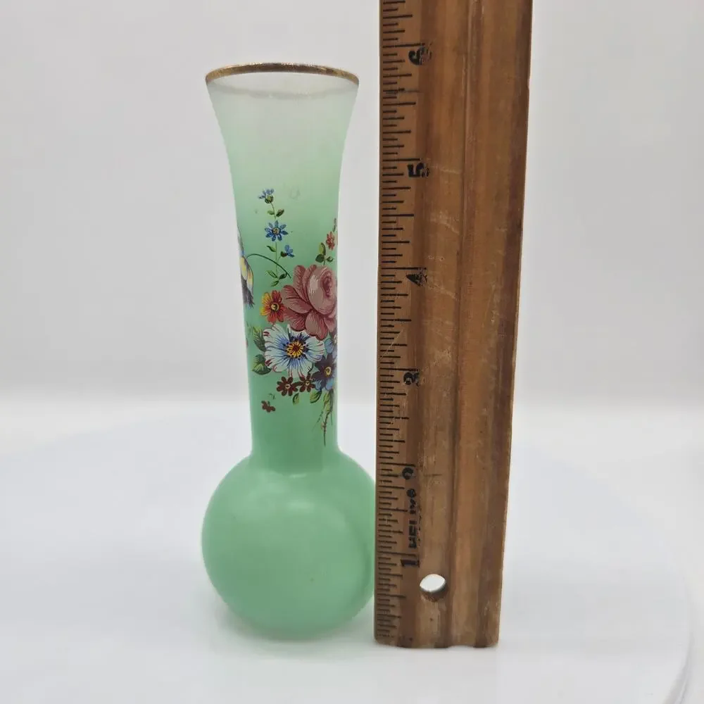 Vintage Frosted Glass Fluted Bud Vase with Flowers & Gold Rim Green 6